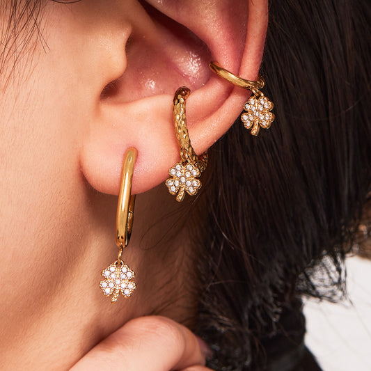 B廠【Q104】跨國新品不鏽鋼幸運草帶鑽耳墜耳環鍍18k真金簡約時尚飾品 25.08-5