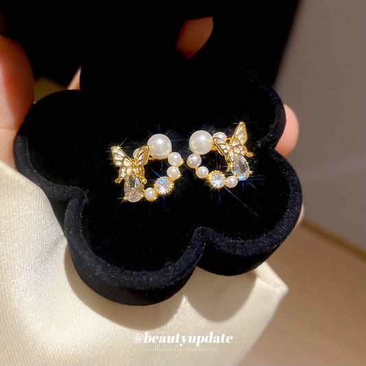 A廠【HE26194】925銀針鋯石珍珠蝴蝶耳環法式精緻百搭耳環輕奢高級感耳飾設計感小眾 25.05-1