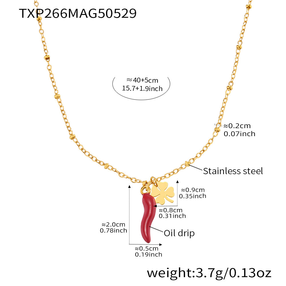 B廠【TXP266】不銹鋼材質紅辣椒四葉花吊墜項鍊手鍊套裝DIY鍍18k金不掉色 25.06-1