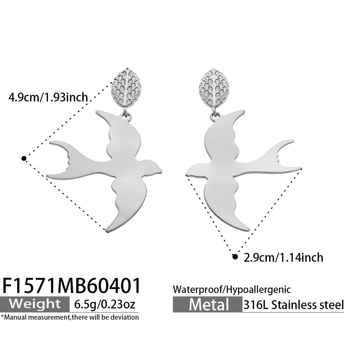 B廠【F1571】歐美INS小眾樹葉鋯石耳環不鏽鋼小燕子耳墜個性設計耳飾鍍18k真金
26.04-3