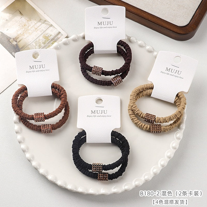 D廠【B180】2條卡裝鑲鑽髮繩高級感褶皺小腸髮圈高彈性粗頭繩髮飾高馬尾皮筋 25.04-1「D廠-單筆結帳需滿,NT$600出貨(不含運費)」