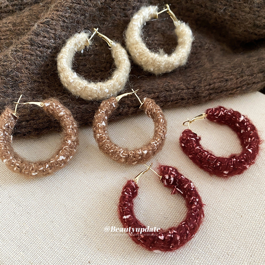 A廠【HE28919】925銀針韓系毛線編織圓形耳圈秋冬款時尚氣質耳環小眾設計感耳飾
 25.10-3