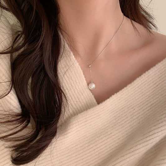 F廠【DQ1582N】S925純銀輕奢感小眾仿珍珠項鍊簡約單顆珍珠吊墜可調整鎖骨鏈
 25.09-4