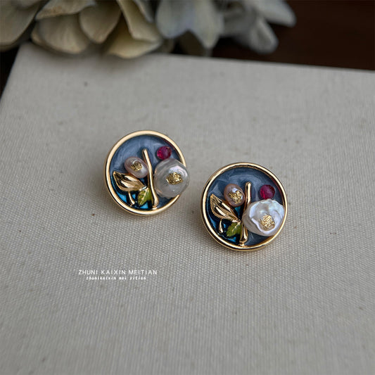 C廠【6551】巴洛克異形淡水珍珠油畫中古風宮廷925銀針保色電鍍彩繪耳環耳環耳飾 25.08-3