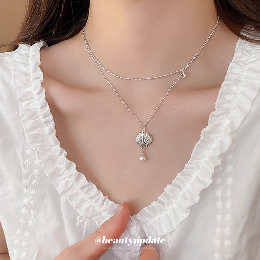 A廠【HN9121】鋯石珍珠貝殼雙層項鍊時尚簡約小眾設計感鎖骨鏈輕奢高級感項鍊女 25.06-3