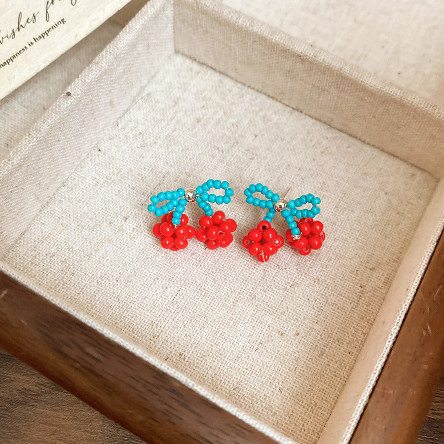 A廠【HE26930】925銀針多巴胺夏日櫻桃串珠耳環甜美可愛耳環小眾設計高級感耳飾 25.06-1