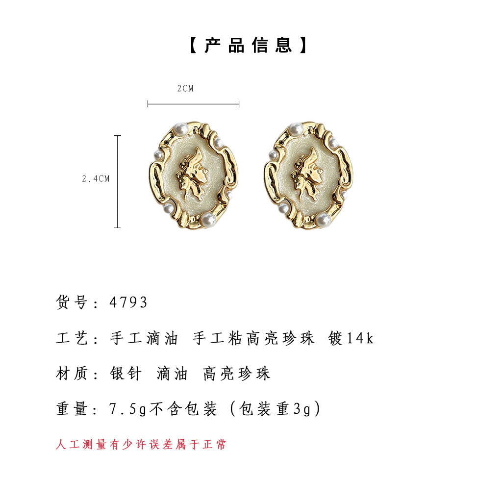 C廠【4793】法式復古美人頭像文藝氣質不規則滴油耳環女耳飾港風耳環 24.08-5