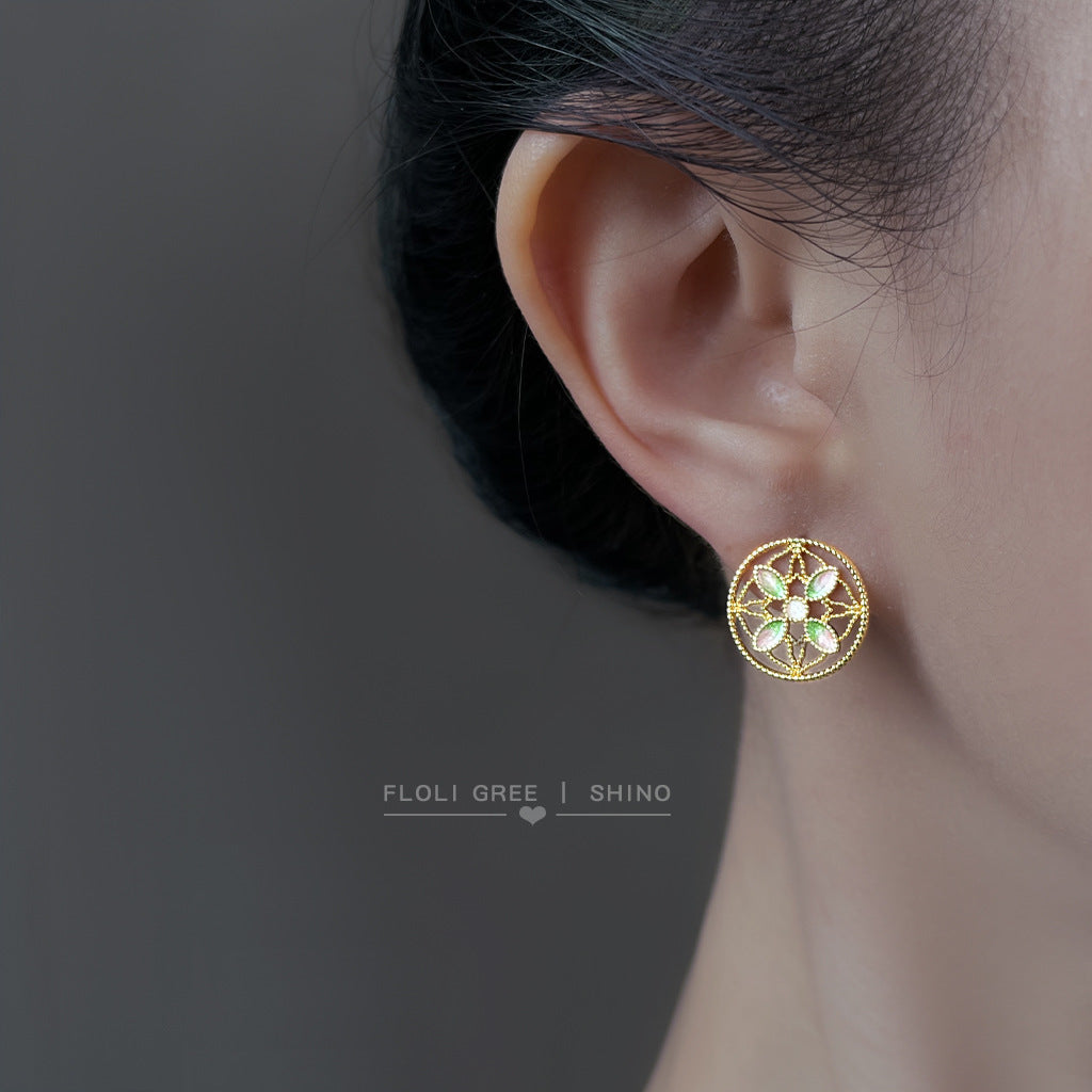 C廠【6956】原創設計國潮紋樣~琺瑯彩繪手工滴釉荷花唯美新款925銀針耳環耳飾
 25.10-4