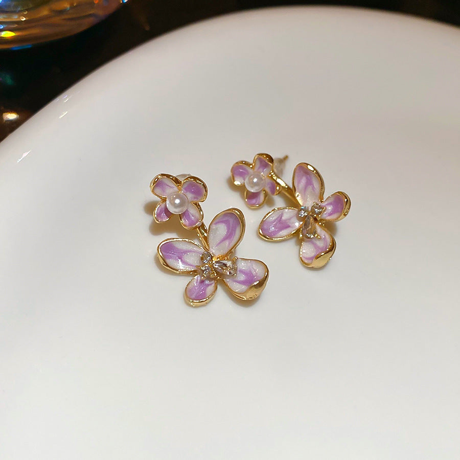 A廠【HE26191】925銀針鑲鑽滴油紫色花朵珍珠耳環2025新款清新耳環輕奢高級感耳飾女 25.05-1