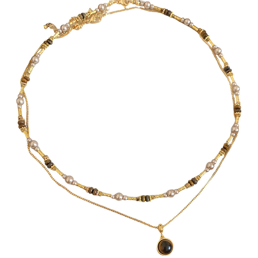 A廠【HN10420】18k真金電鍍虎眼石珍珠串珠項鍊美拉德高級感鎖骨鏈復古國潮頸鍊
 25.10-5