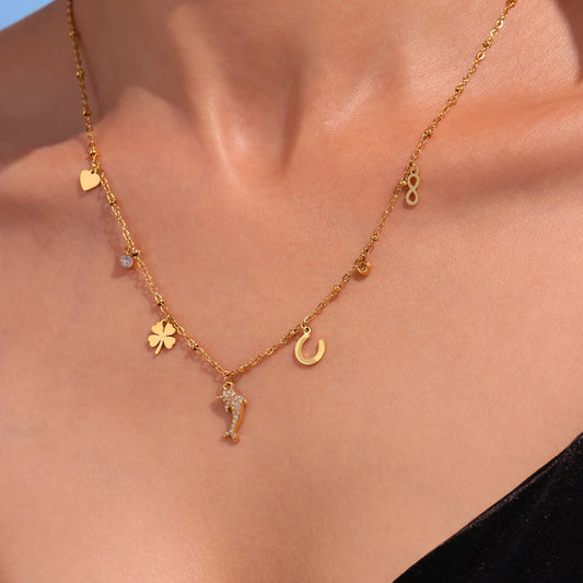 B廠【P1335】不鏽鋼5A鋯石小海豚8字多配件吊墜疊戴項鍊鍍18k真金飾品女 25.05-2