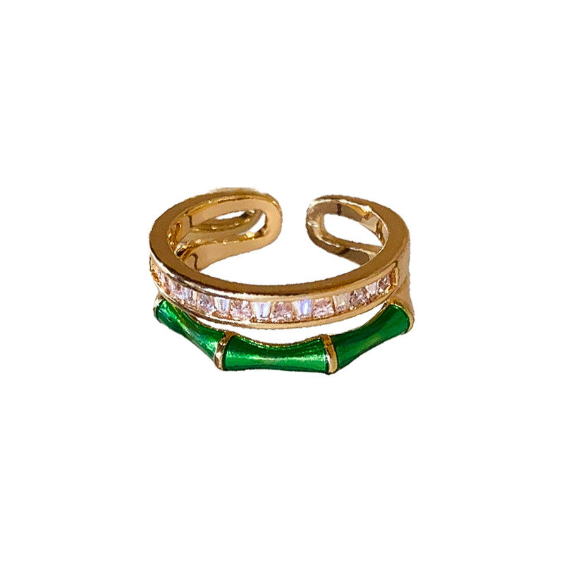 A廠【HR2316】真金電鍍鋯石滴油竹節開口戒指女小眾高級感指環時尚百搭輕奢手飾 24.11-3