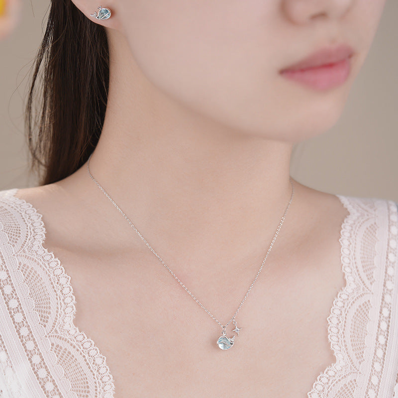 E廠【YC2091N】S925純銀鯨魚耳環兩件套女可愛精緻晶瑩剔透清新甜美套裝韓風鎖骨鏈 25.06-4