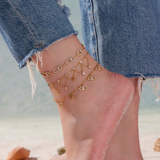 B廠【S030】ins小眾鏈條流蘇鋯石腳鍊歐美跨境新品雙層不鏽鋼鏈條飾品
 25.09-1