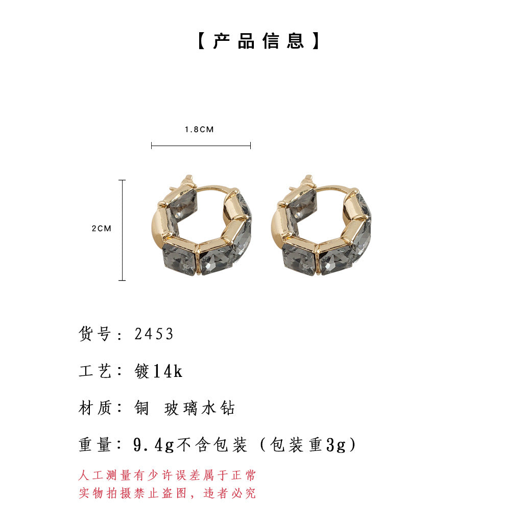 C廠【2453】法式輕奢風灰色玻璃水晶耳環個性百搭高級感小眾方糖耳環 25.06-2