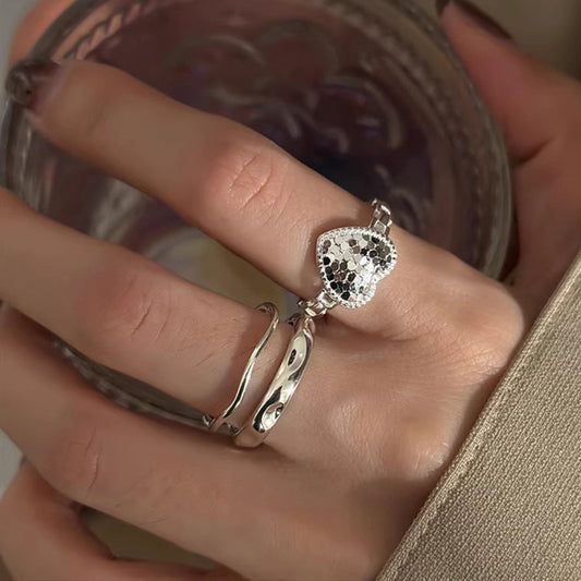 F廠【SR1366】超閃鱗片戒S925純銀戒指女碎碎冰車花愛心開口戒ins小眾指環 25.05-5