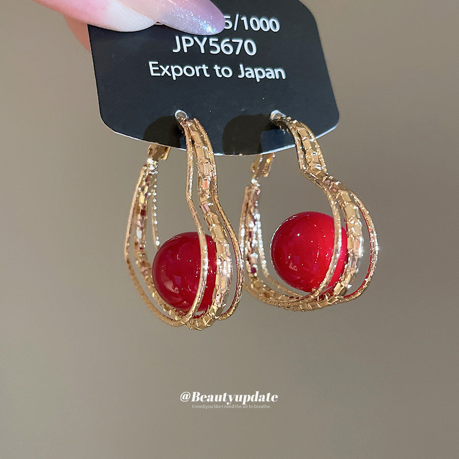 A廠【HE28963】925銀針紅色多層愛心圓球耳圈復古港風耳環耳環輕奢高級感耳飾女
 25.10-4