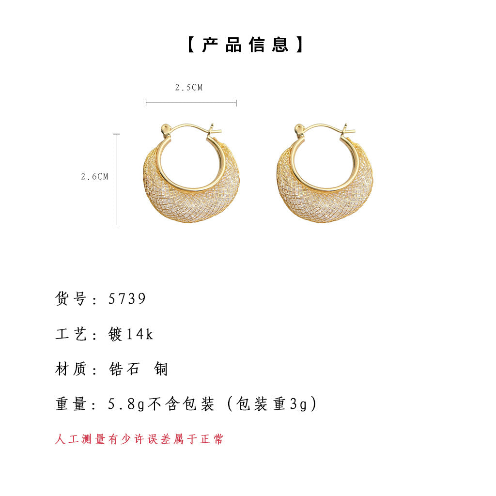 C廠【5739】時尚通勤高級感網紗鋯石輕奢質感圓形幾何百搭耳圈耳環耳環 25.03-3