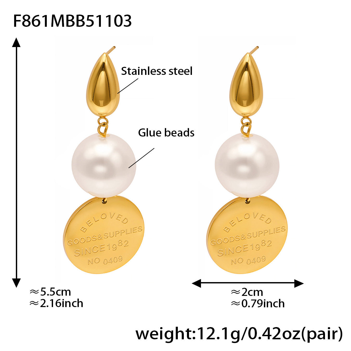 B廠【F860】法式小眾氣質圓牌字母吊墜耳環大膠珍珠飾品不鏽鋼18K鍍金
25.11-2