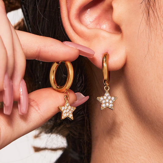 B廠【Q052】歐美飾品不鏽鋼五角星滿鑽鋯石耳環鍍18k真金氣質時尚耳飾 25.08-5