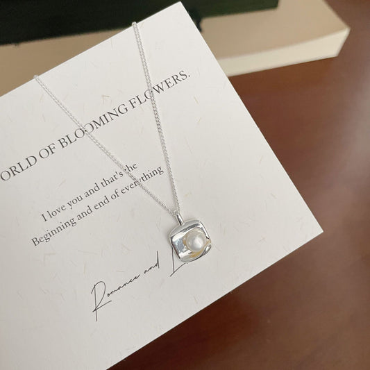 F廠【DQ2101N】S925純銀ins輕奢淡水珍珠項鍊女簡約氣質幾何方形吊墜鎖骨鏈 25.04-2