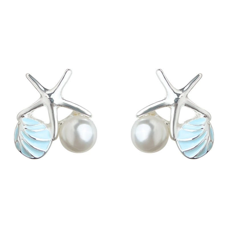 C廠【6027】清新甜美925銀針度假風海洋系海星貝殼珍珠耳環氣質優雅耳飾 25.05-4