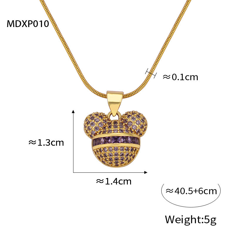 B廠【P010】ins風輕奢鑲鑽銅吊墜飾品卡通小熊女式鈦鋼項鍊時尚個性鎖骨鏈 24.03-3