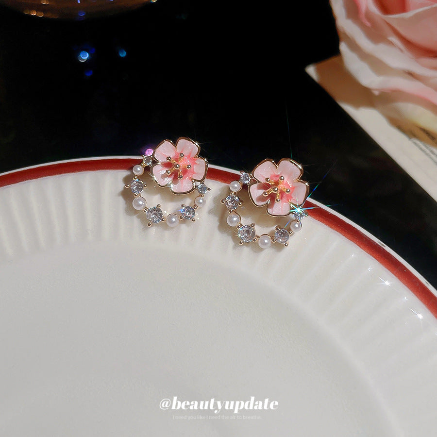 A廠 【HE26547】925銀針鋯石滴油珍珠圓花耳環法式清新甜美耳環輕奢高級感耳飾女 25.05-4