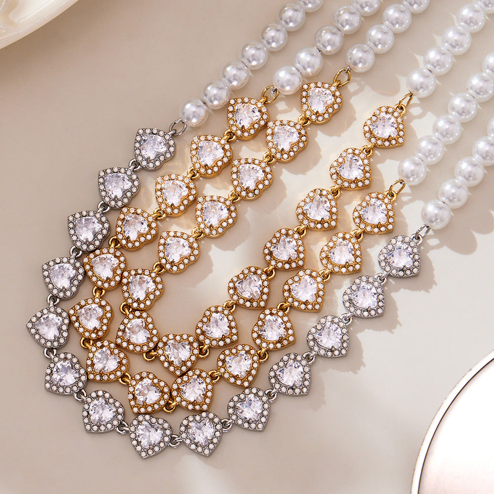 B廠【P1735】施家貝珠串珠愛心5A鋯石手工鍊項鍊不鏽鋼鍍18k真金不掉色
 25.10-4