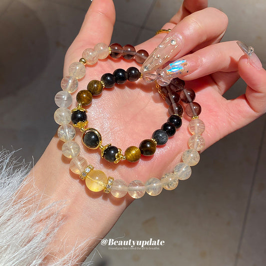 A廠【HB3457】全新中式虎眼發晶鋯石串珠雙層手鍊輕奢高級感水晶手串氣質百搭手飾 25.01-4