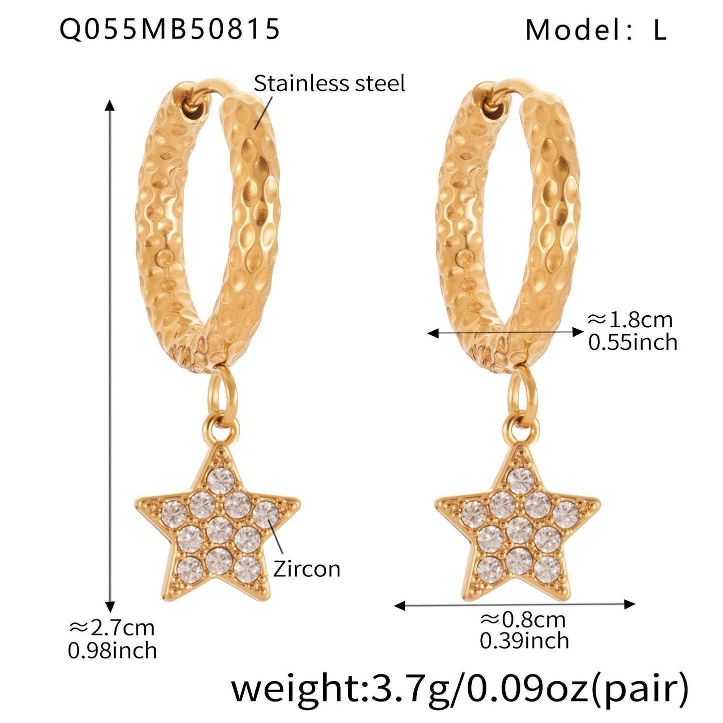 B廠【Q052】歐美飾品不鏽鋼五角星滿鑽鋯石耳環鍍18k真金氣質時尚耳飾 25.08-5