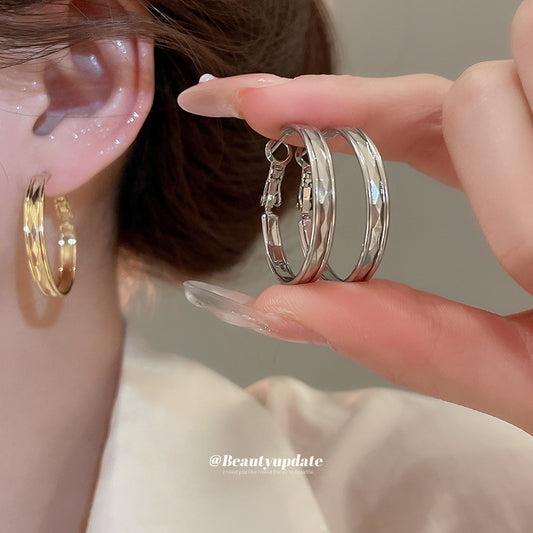 A廠【HE27001】18k真金電鍍925銀針紋路光面圓形耳圈歐美ins百搭耳環輕奢高級感耳飾 25.06-2