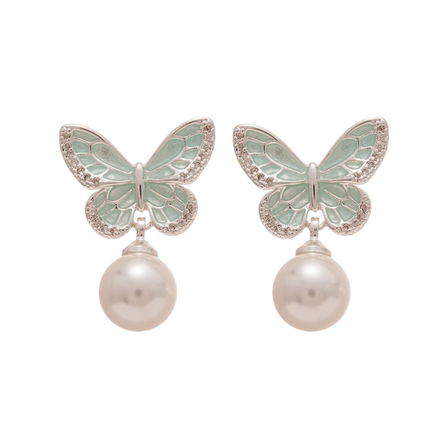 A廠【HE25516】925銀針滴油蝴蝶珍珠耳環溫柔甜美氣質耳環ins風百搭耳飾小眾高級感 25.03-4