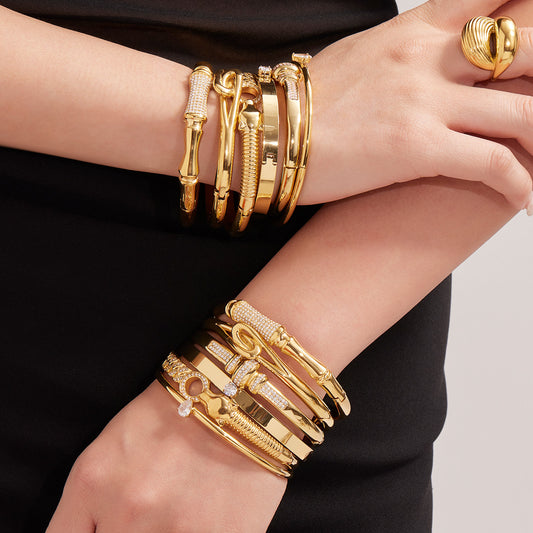 B廠【Z480】歐美新款飾品不鏽鋼竹節滿鋯石卡扣手鐲幾何交叉手鐲不掉色 25.08-3