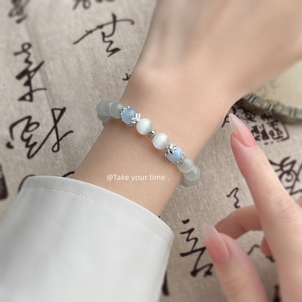 C廠【5802】玻璃貓眼石海藍寶水晶手串國潮原創設計手工新款手鍊民族風手飾女 25.05-1