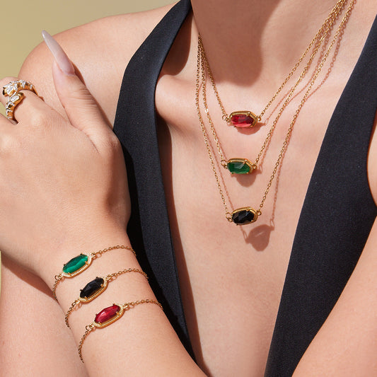 B廠【TXP453】不銹鋼天然水晶石切面爪鑲鋯石方塊五葉花吊墜項鍊手鍊套裝
 25.10-4