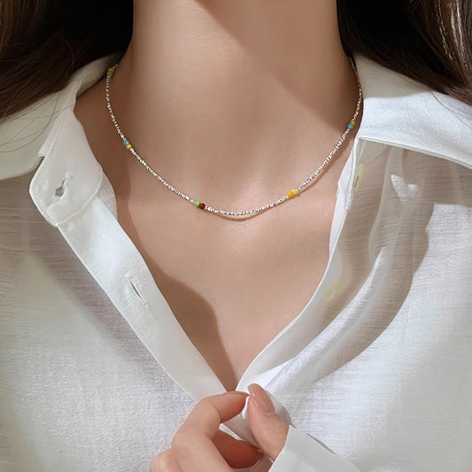 F廠【DQ0216N】S925銀彩色多巴胺碎銀子項鍊女輕奢小眾手工串珠高級感鎖骨鏈 25.04-4