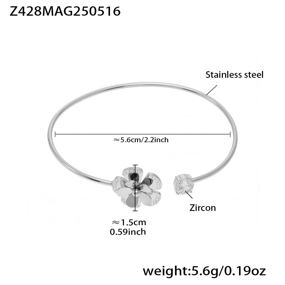 B廠【Z426】歐美INS風5A鋯石花朵帶鑽孔開口手鐲組合不鏽鋼鍍18k真金手鐲子 25.05-4
