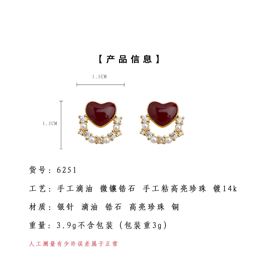 C廠【6251】微鑲鋯石酒紅氣質文藝復古925銀針心型滴釉耳飾新款耳環飾品 25.06-4