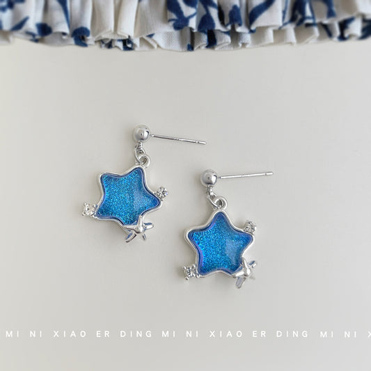 C廠【6315】清新甜美藍色星星耳環個性小眾設計師新款耳環925銀針飾品女 25.06-4