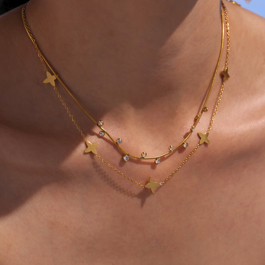 B廠【P1331】歐美ins風飾品不鏽鋼幸運四葉草鎖骨項鍊雙層疊戴鍍18k真金 25.05-2