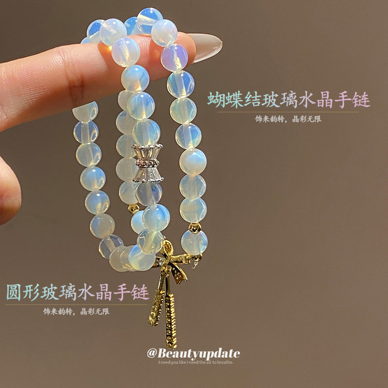 A廠【HB3519】蛋白水晶鋯石蝴蝶結手鍊小眾清新串珠手串高級感時尚百搭手飾手環 25.03-1