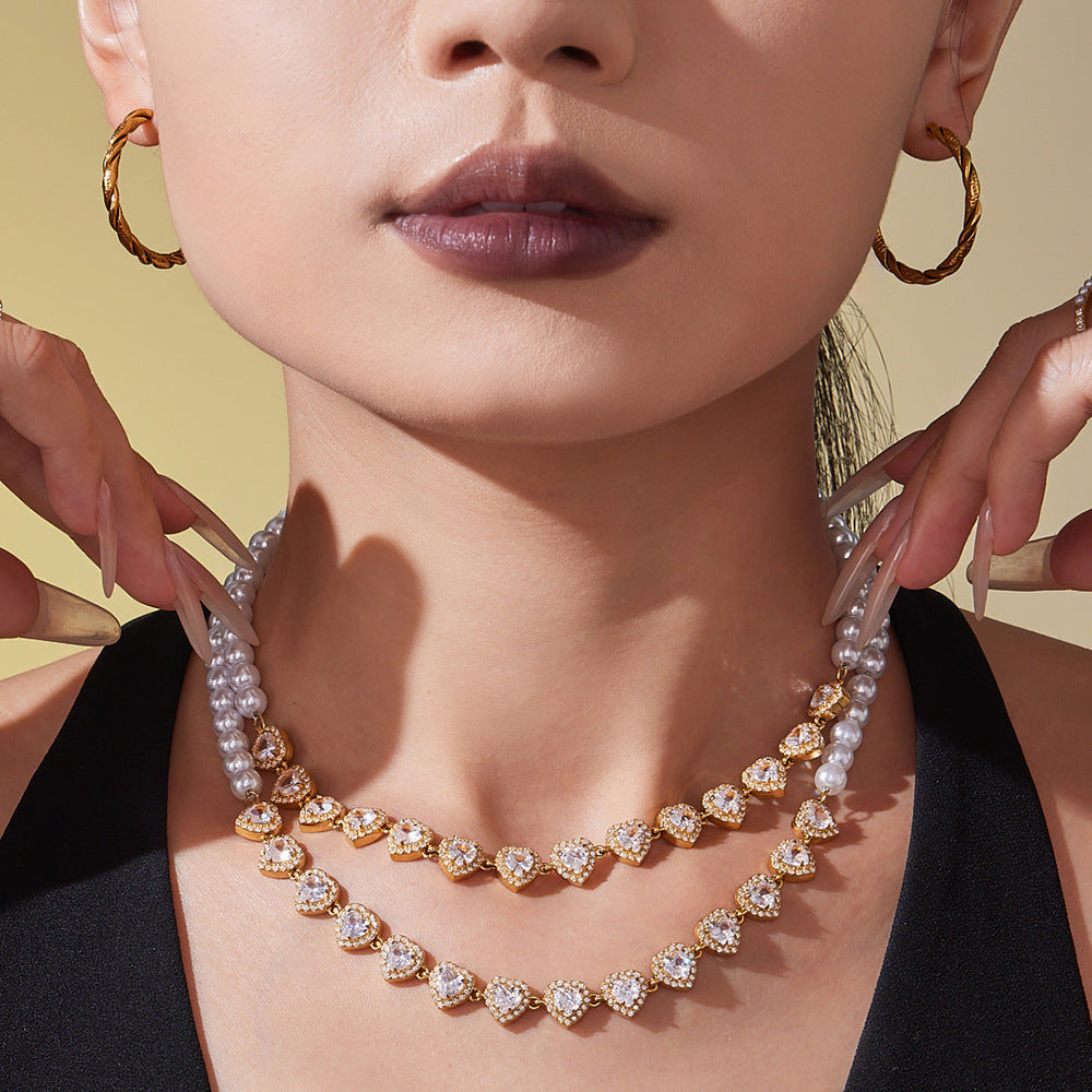 B廠【P1735】施家貝珠串珠愛心5A鋯石手工鍊項鍊不鏽鋼鍍18k真金不掉色
 25.10-4