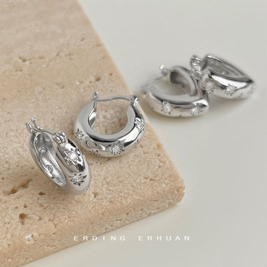 C廠【5260】微鑲鋯石芒星耳環時尚通勤百搭簡約高級感圓形耳環時髦氣質耳飾女 25.05-1