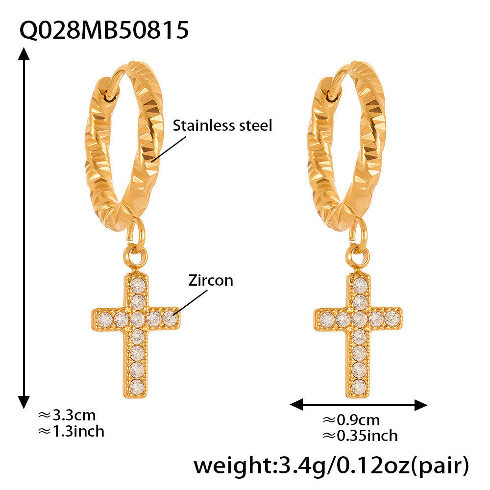 B廠【Q015】不鏽鋼超閃5A鋯石十字架耳環跨國簡約輕奢風耳環鍍18k真金 25.08-5