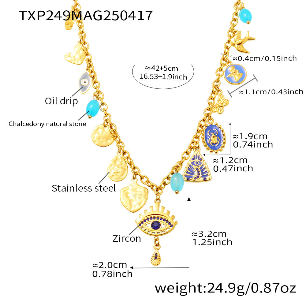 B廠【TXP249】歐美不銹鋼惡魔之眼鑲鋯石多配件天然石吊墜項鍊手鍊套裝女 25.04-4