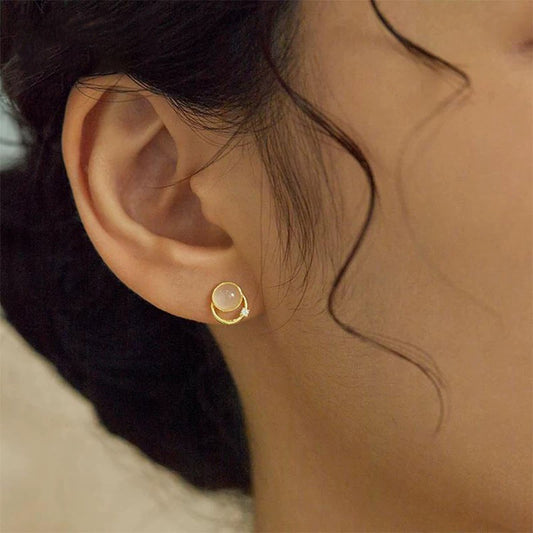 F廠【DQ11680E】S925純銀輕奢天然白玉髓耳環女小眾高級幾何圓形百搭氣質耳飾 25.02-3