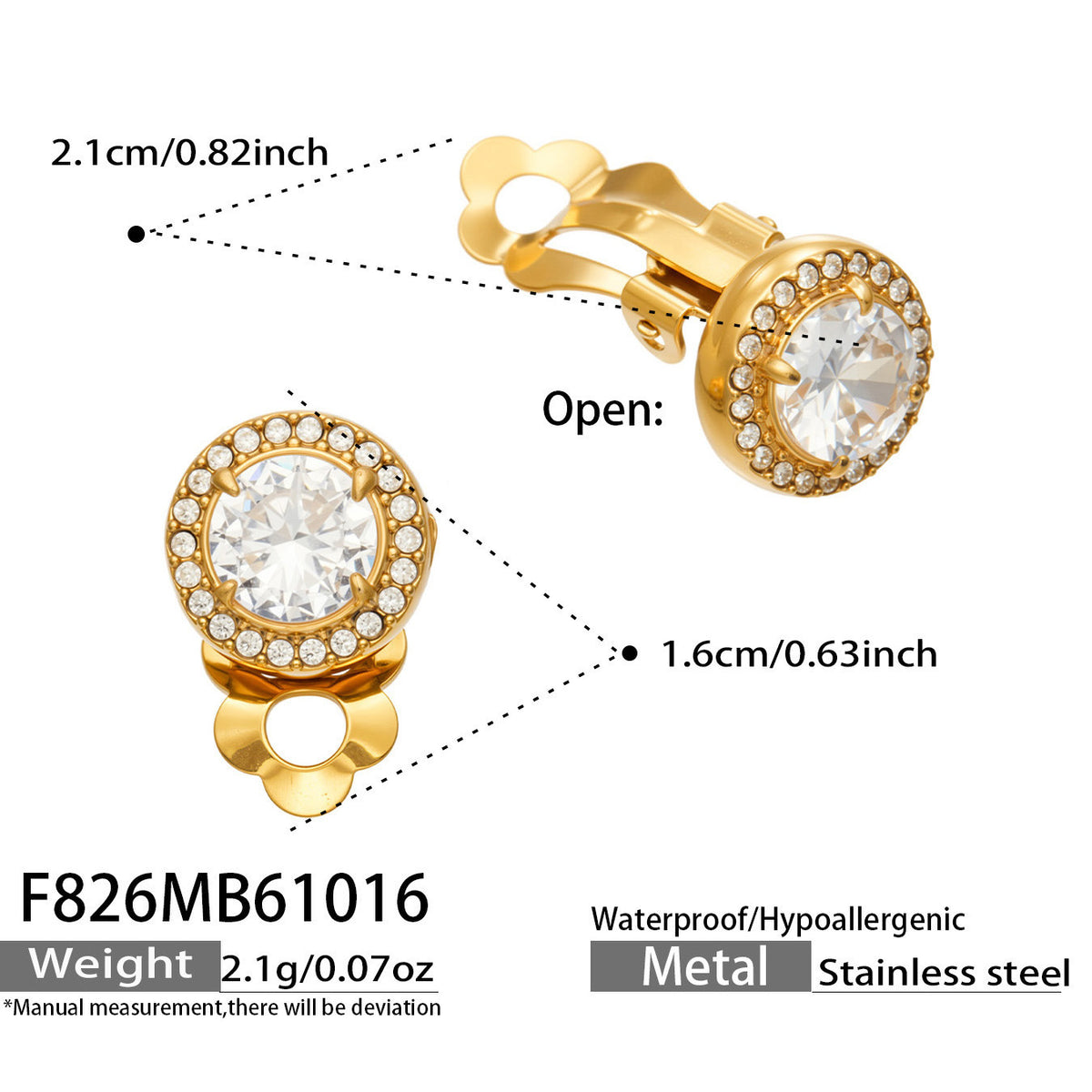 B廠【F826】法式優雅滿鑲5A鋯石耳夾不鏽鋼無耳洞耳環
26.10-4