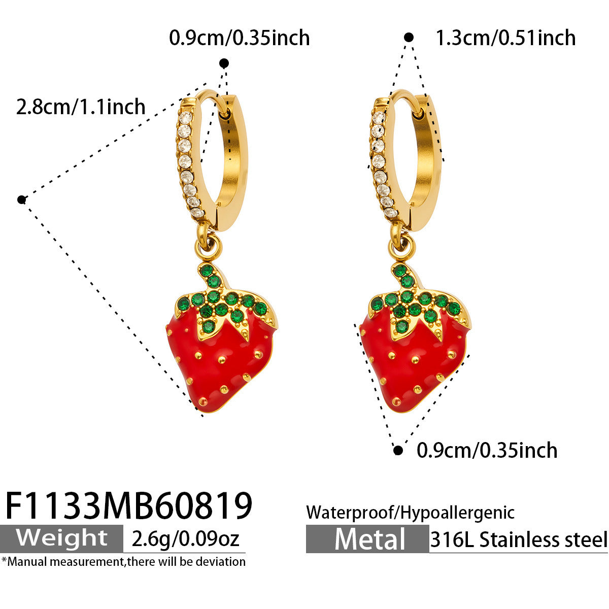 B廠【F1133】跨境熱銷草莓滴油鋯石吊墜鈦鋼鍍18k金 小眾輕奢飾品耳環女
26.08-4