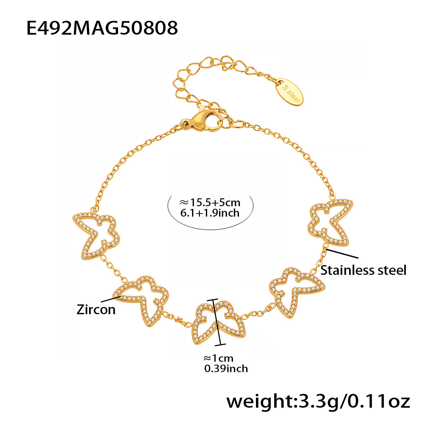 B廠【E491】歐美新款飾品不鏽鋼幾何蝴蝶造型鑲嵌鋯石手鍊鍍18k金飾品 25.08-3